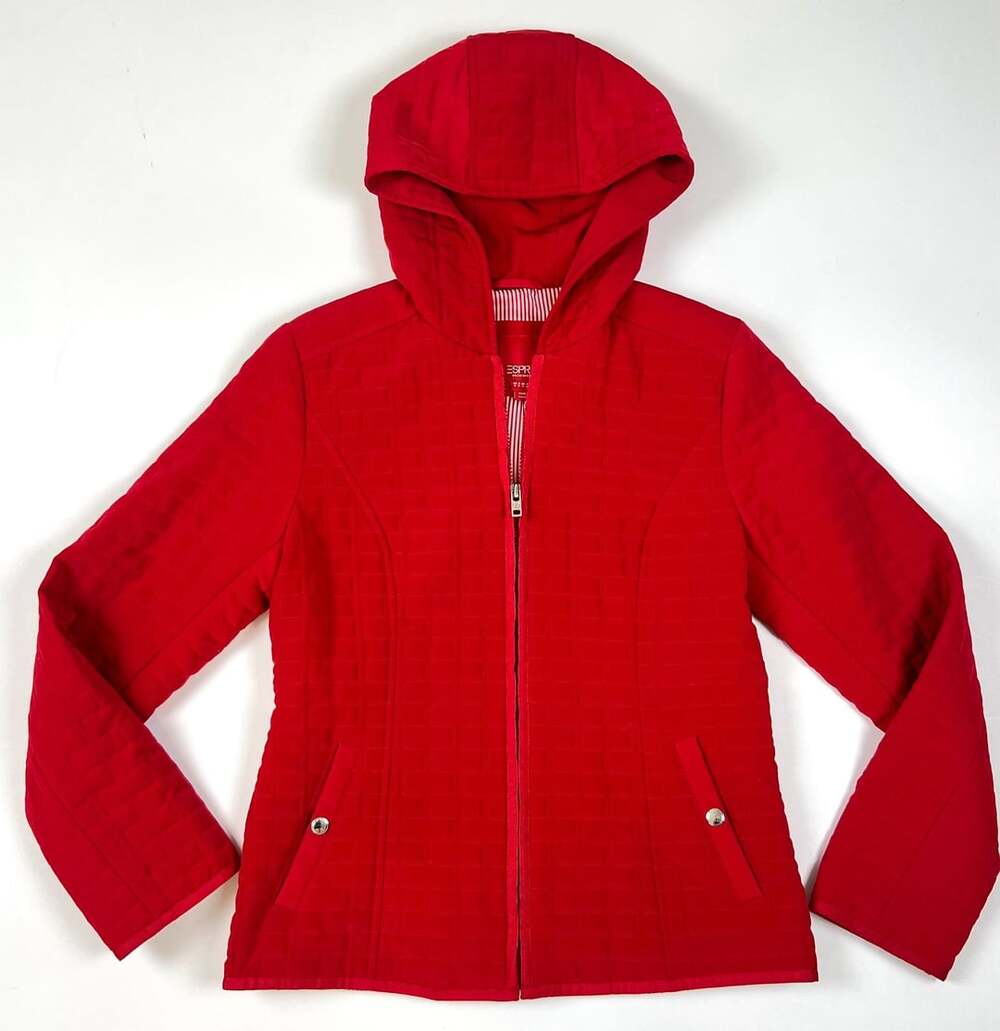 Esprit Outerwear Red Quilted Hooded Jacket with Striped Lining Size S